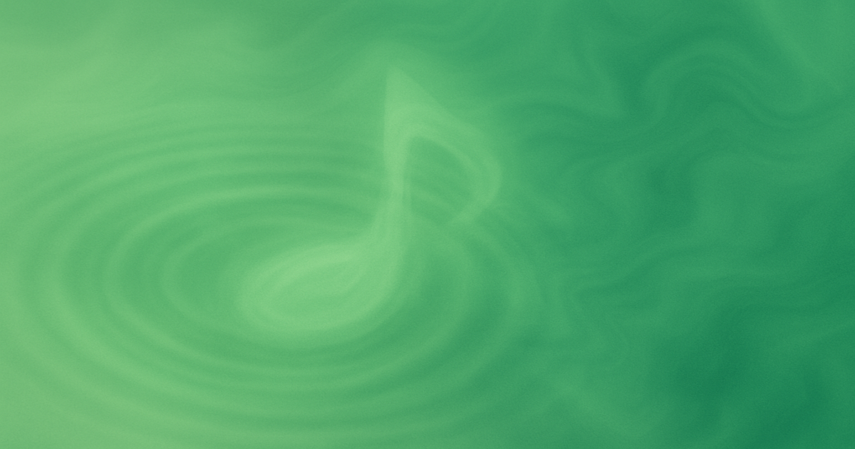 緑を基調とした抽象的な背景に、八分音符が波紋と同化して音の波を広げているイメージのデザイン