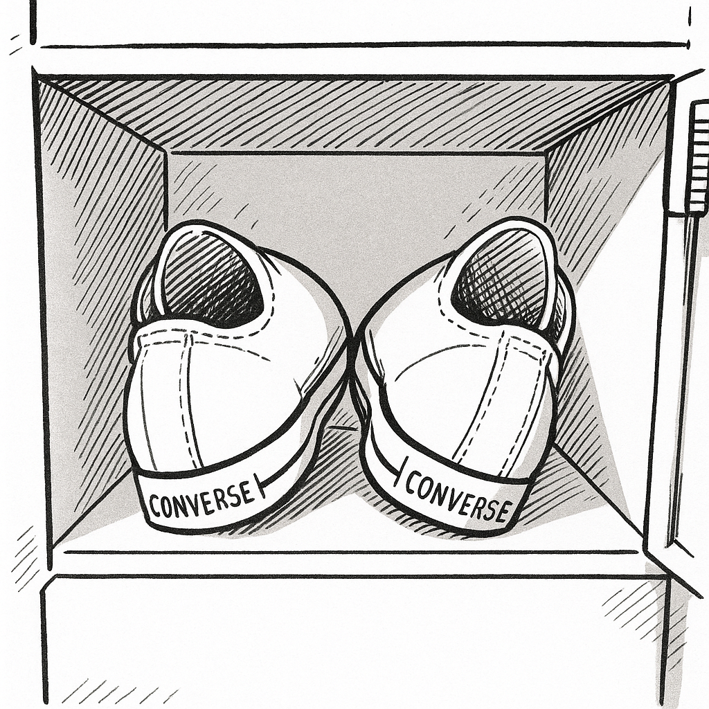 シューズの裏が直接下駄箱につかないように、左右の靴を山形に、靴底が浮くようにおいたイラスト