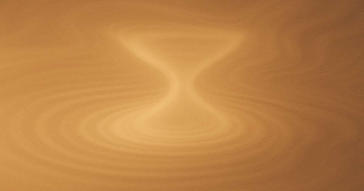 「時間軸をイメージした抽象的なアート。ゆらぎのある線と砂時計の形が、流れる時間を表現している。」