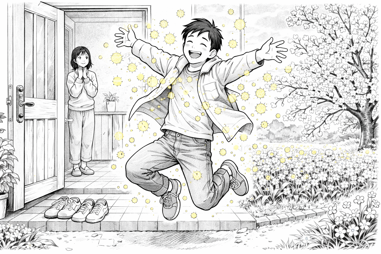 花粉対策として玄関でジャンプし服の花粉を払う男性のイラスト（春・花粉シーズン）