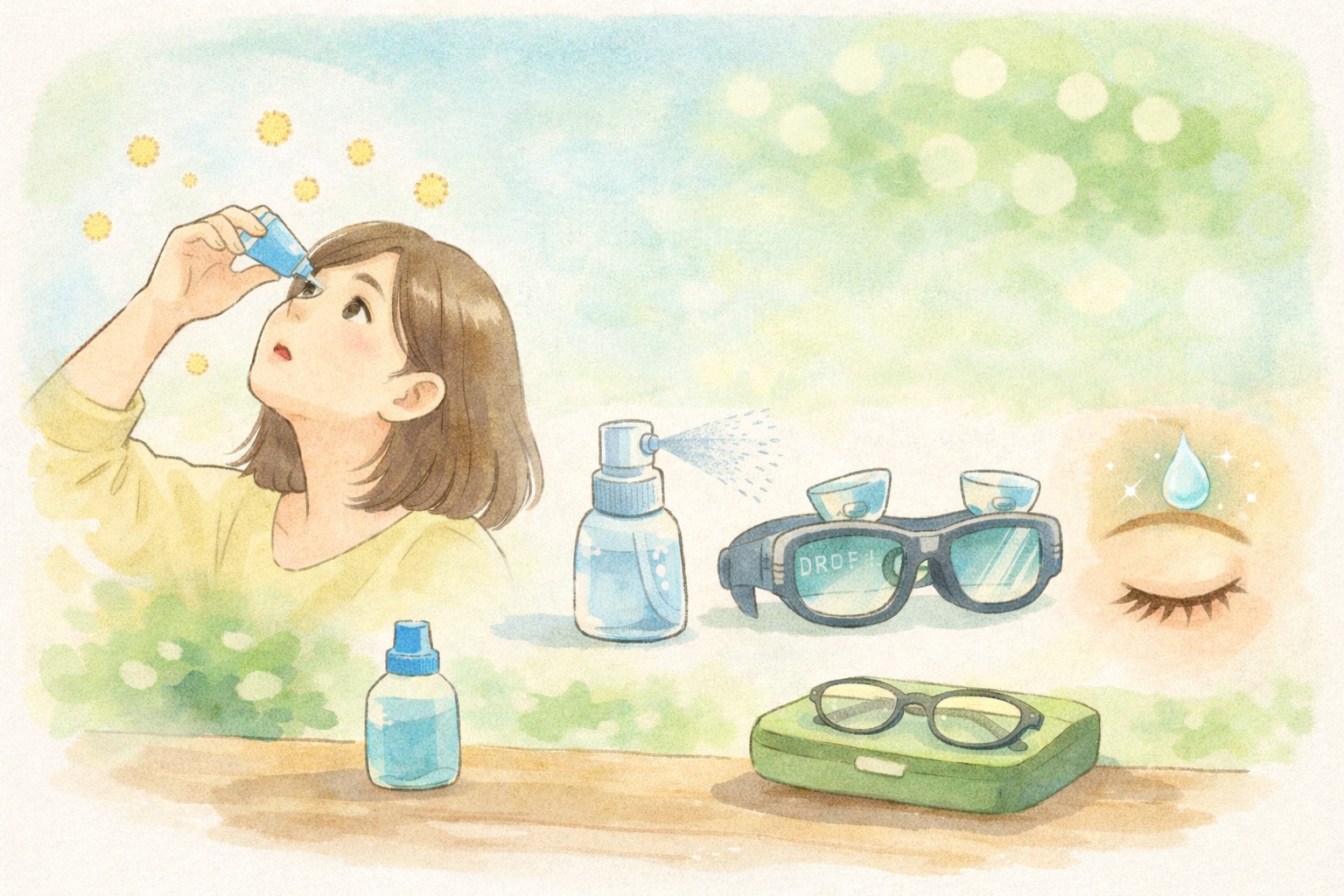 目薬をさす女性とミストやメガネ型などの新しい目薬アイデアのイラスト