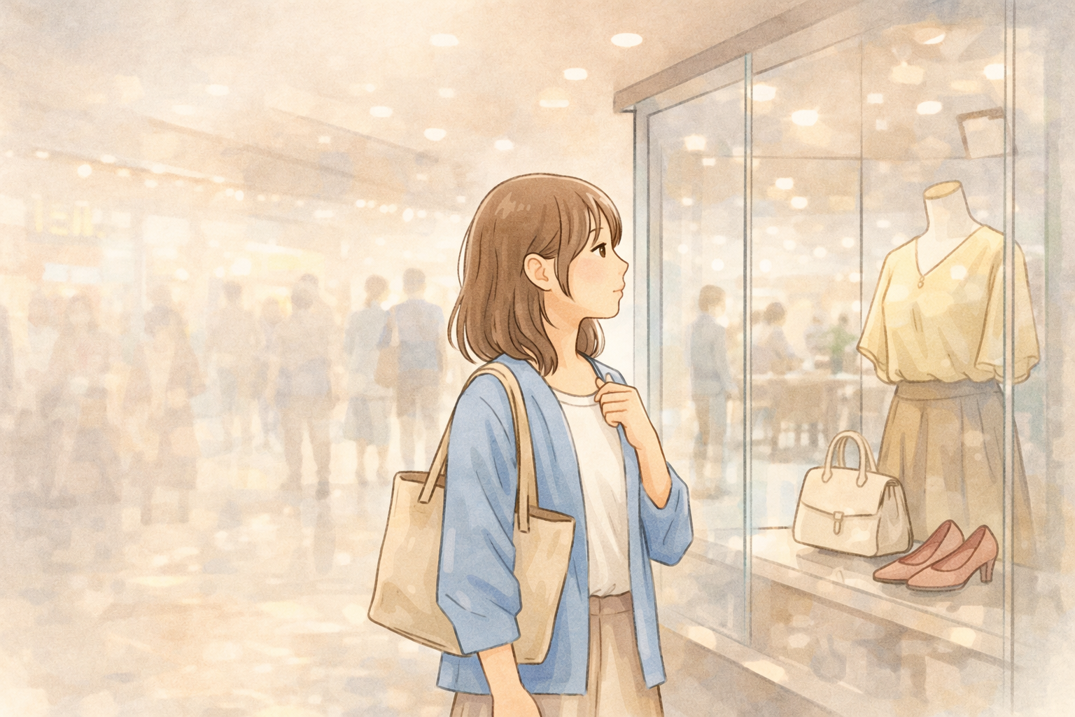 ショッピングモールでウィンドウショッピングをする女性のイラスト。外出中は平気でも帰宅後に疲れるHSPの状態を表現