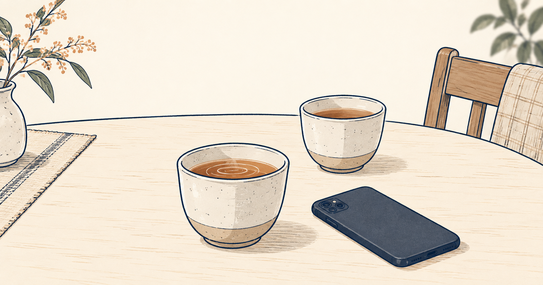 食卓に少し離れて置かれた二つのカップと、伏せたスマートフォン